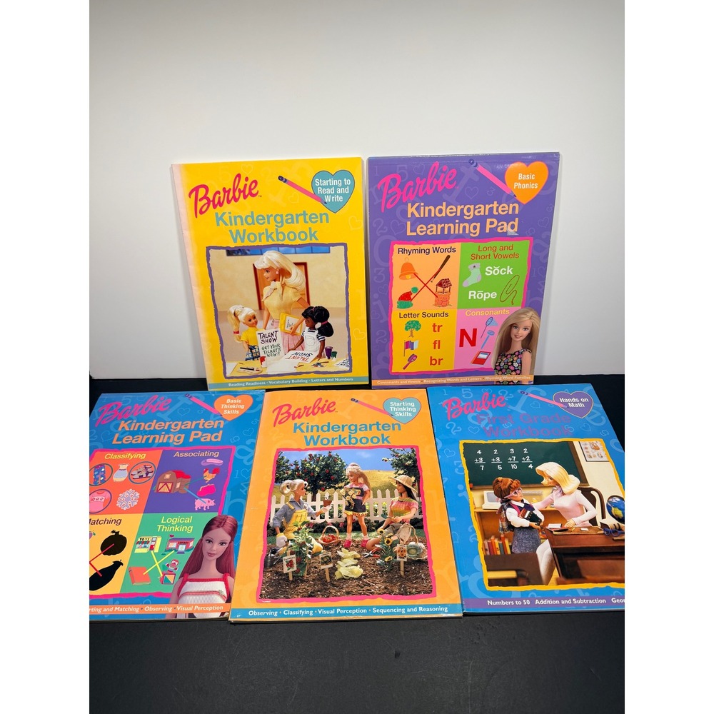 5 Barbie Kindergarten First Grade Workbook Learning Pad Phonics Math Books